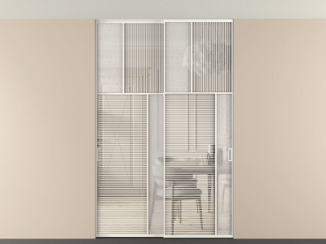 Перегородка Мозаик внутри проёма скрытое крепление в потолок 2 створки АЛПР 041.23 Алюминий пудровый белый Рифлёное стекло "Дюна", триплекс, 6 мм + Фактурное стекло "Лёд", триплекс Цена 18210 Br | Volhovec