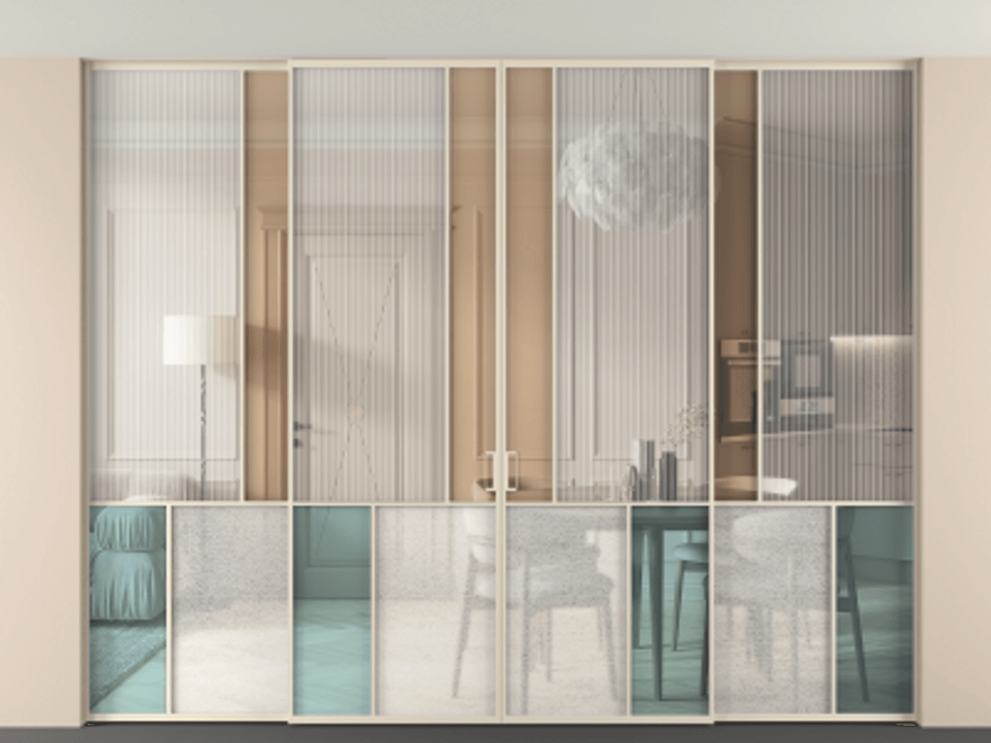 Перегородка Mosaic внутри проёма скрытое крепление в потолок 4 створки АЛПР 041.20 Алюминий бежево-серый Комбинация стекол Группы 1 и Группы 3 Цена 33000 Br | Volhovec