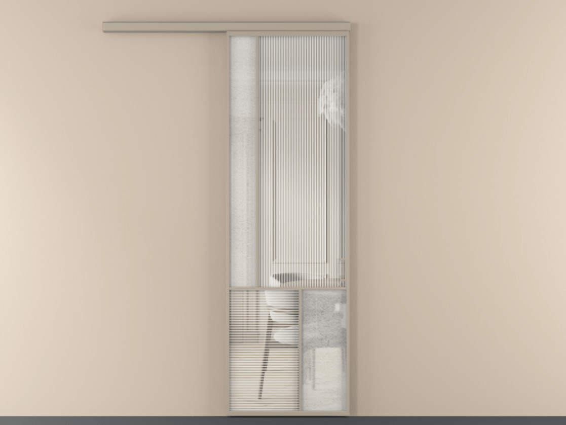 Перегородка Mosaic вдоль стены 1 створка АЛПР 041.20 Алюминий бисквитный Рифлёное стекло "Дюна", триплекс, 6 мм + Фактурное стекло "Лёд", триплекс Цена 7750 Br | Volhovec