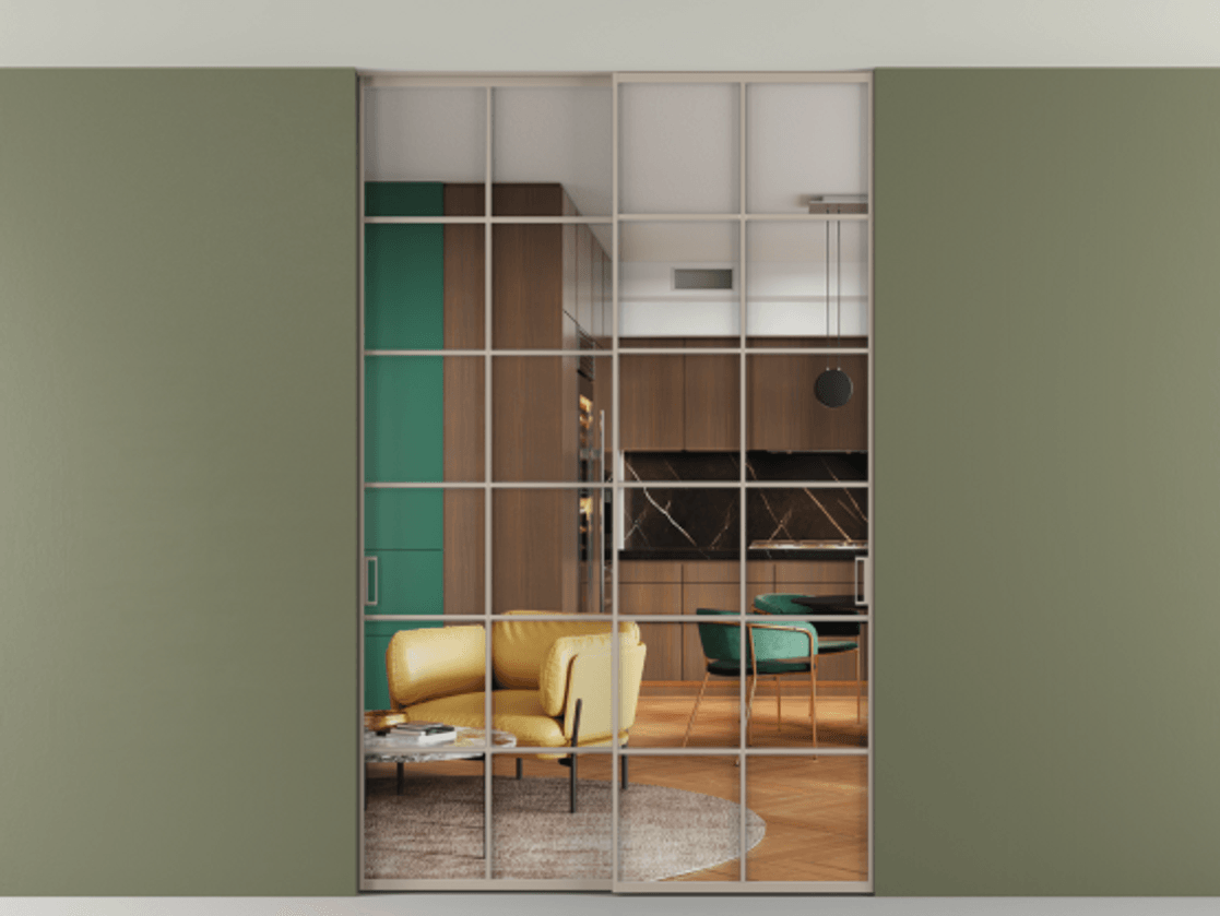 Перегородка Formato внутри проёма скрытое крепление в потолок 2 створки АЛПР 040.05 Алюминий бисквитный Прозрачное стекло "Crystal Vision", калёное Цена 17250 Br | Volhovec