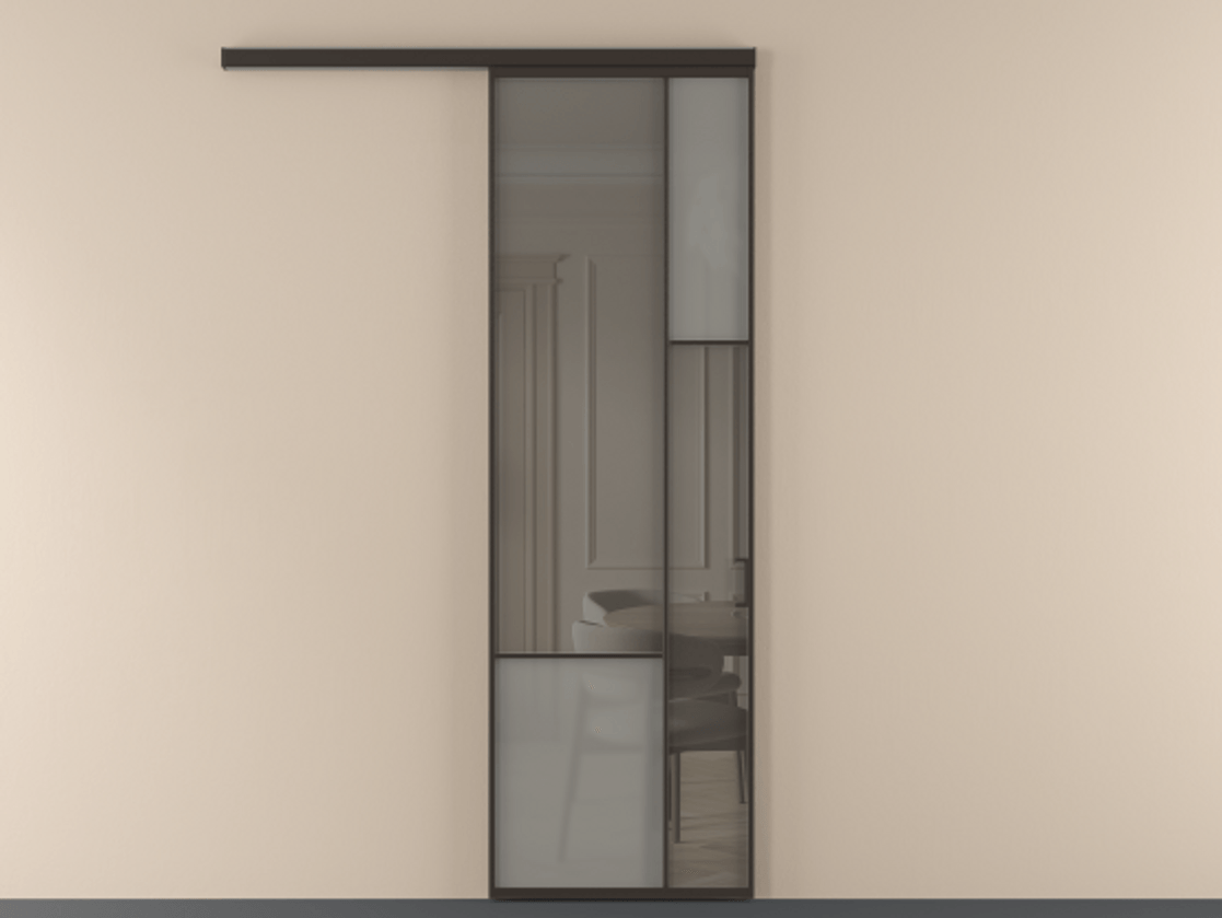 Перегородка Mosaic вдоль стены 1 створка АЛПР 041.12 Алюминий антрацит Сатинированное серое стекло, триплекс, 6 мм + Прозрачное серое стекло, триплекс Цена 7330 Br | Volhovec