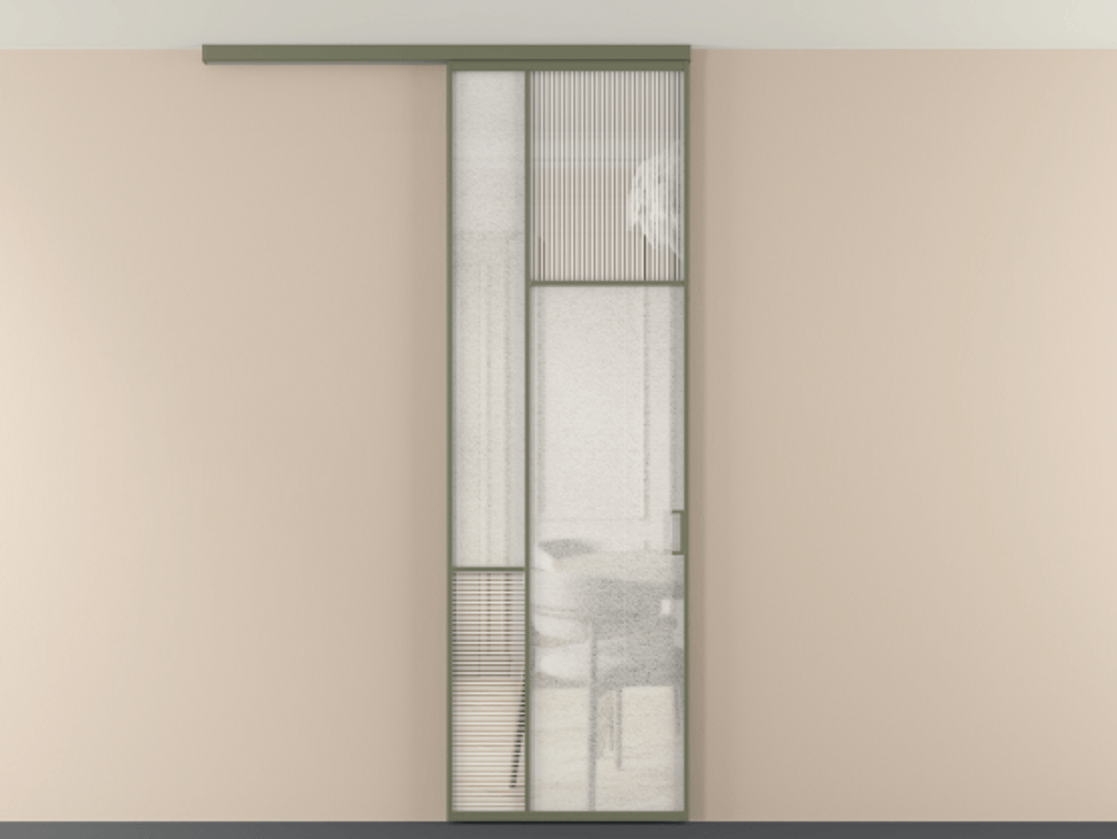 Перегородка Мозаик вдоль стены на потолок 1 створка АЛПР 041.11 Алюминий оливковый тёмный Рифлёное стекло "Дюна", триплекс, 6 мм + Фактурное стекло "Лёд", триплекс Цена 7650 Br | Volhovec