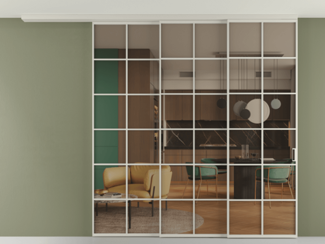 Перегородка Formato вдоль стены на потолок 3 створки с синхронным механизмом АЛПР 040.05 Алюминий тёплый серый Прозрачное бронзовое стекло, триплекс Цена 21560 Br | Volhovec