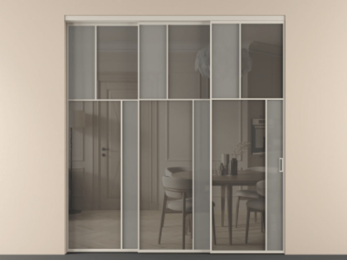 Перегородка Мозаик внутри проёма 3 створки с синхронным механизмом АЛПР 041.23 Алюминий светло-бежевый Сатинированное серое стекло, триплекс, 6 мм + Прозрачное серое стекло, триплекс Цена 23390 Br | Volhovec