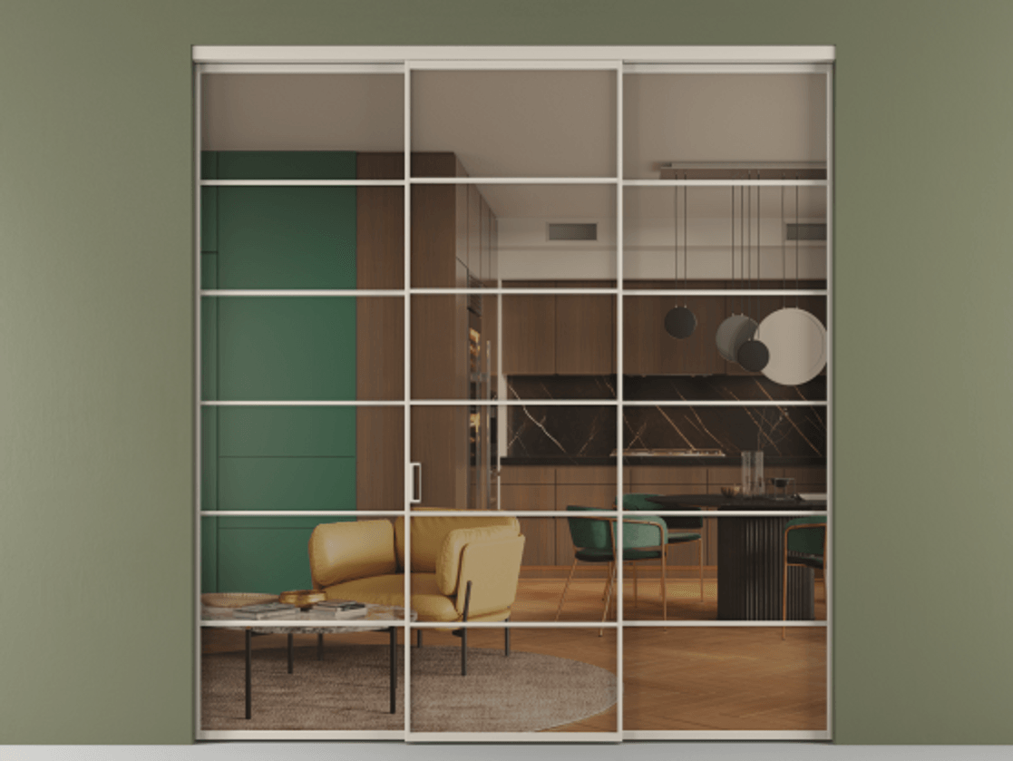 Перегородка Formato внутри проёма 3 створки АЛПР 040.04 Алюминий светло-бежевый Прозрачное бронзовое стекло, триплекс Цена 14290 Br | Volhovec