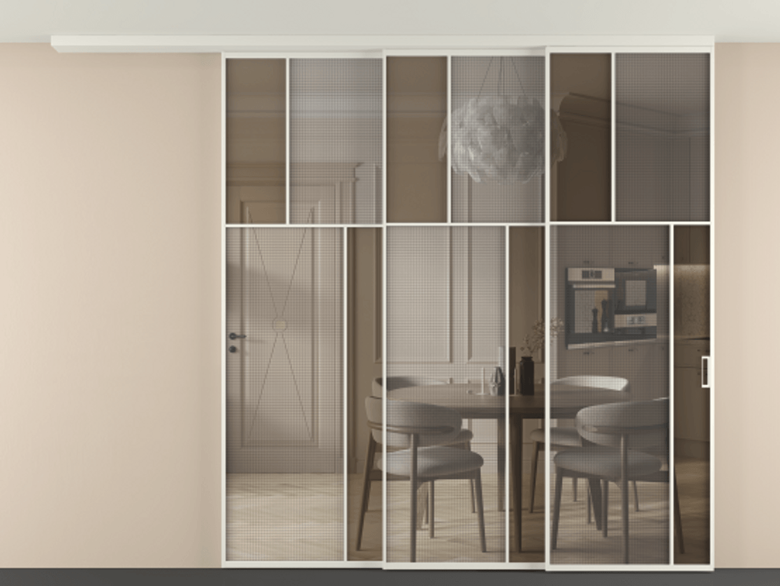 Перегородка Mosaic вдоль стены телескопик синхро 3 АЛПР 041.23 Алюминий Белый Mesh silver + Бронза прозрачное триплекс Цена 24900 Br | Volhovec
