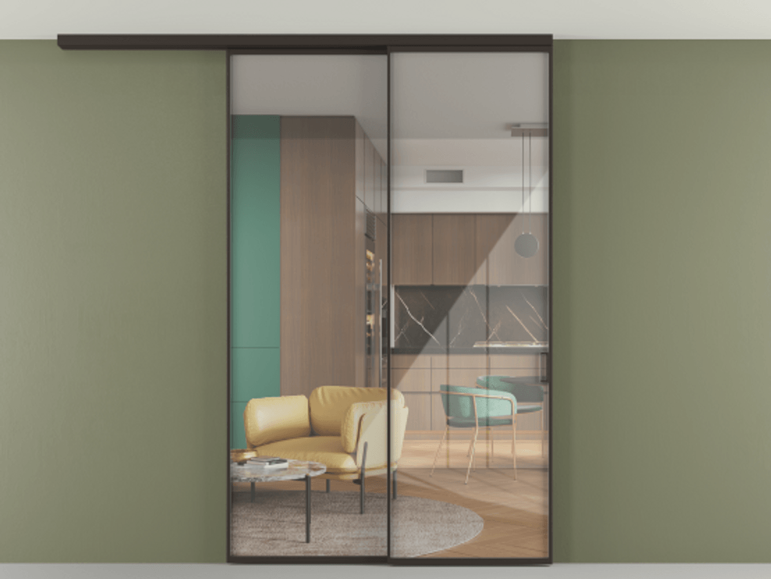 Перегородка Формато вдоль стены на потолок 2 створки с синхронным механизмом АЛПР 040.01 Алюминий антрацит Рефлективное прозрачное стекло "Стопсол", калёное Цена 16850 Br | Volhovec