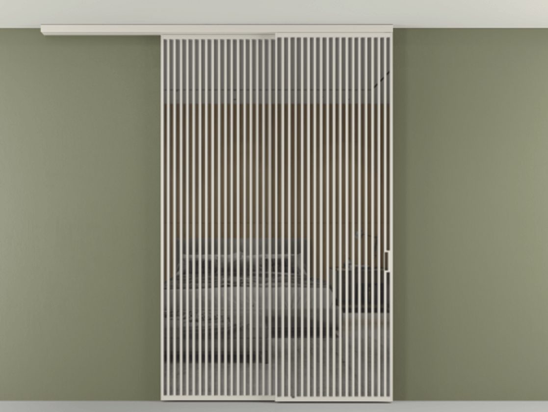 Перегородка Формато вдоль стены на потолок 2 створки с синхронным механизмом АЛПР 040.06 Алюминий облачно-серый Рефлективное серое стекло "Стопсол", калёное Цена 29010 Br | Volhovec