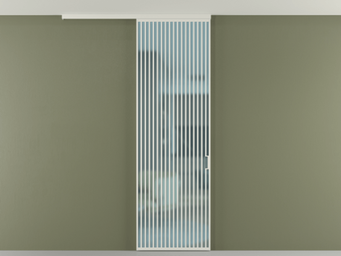 Перегородка Формато вдоль стены на потолок 1 створка АЛПР 040.06 Алюминий Белый Сатинированное голубое стекло, триплекс Цена 9100 Br | Volhovec