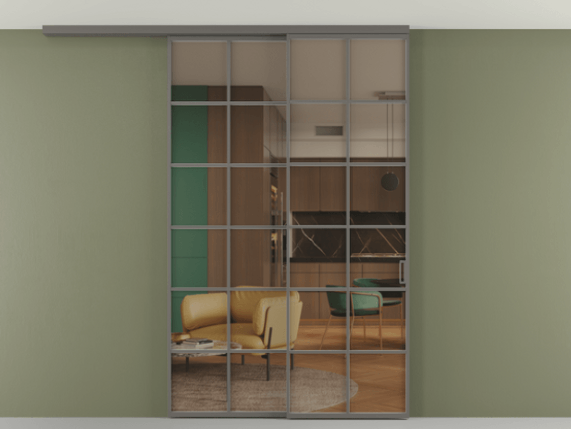 Перегородка Formato вдоль стены на потолок 2 створки с синхронным механизмом АЛПР 040.05 Алюминий классический серый Прозрачное бронзовое стекло, триплекс Цена 15110 Br | Volhovec