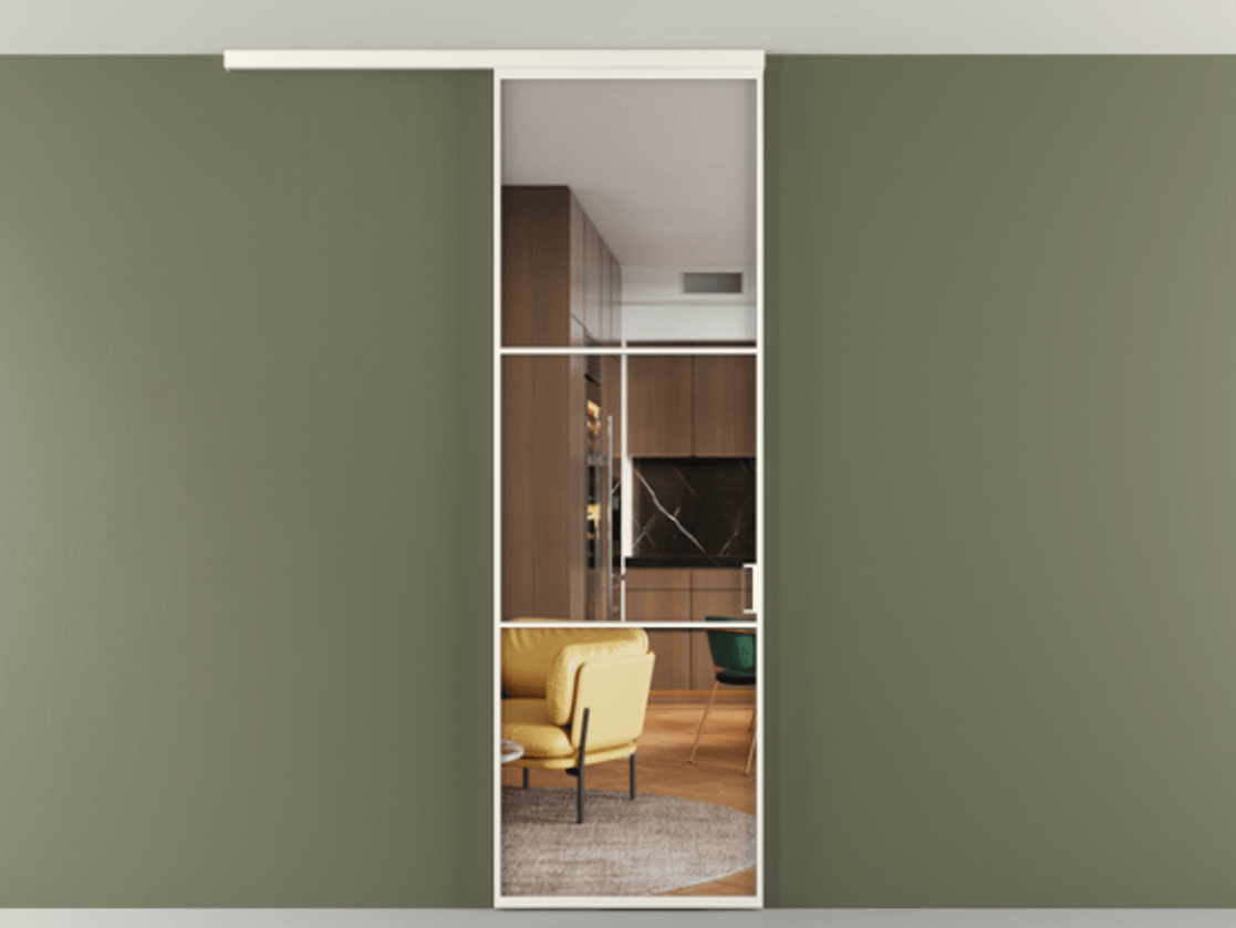 Перегородка Формато вдоль стены на потолок 1 створка АЛПР 040.03 Алюминий пудровый белый Прозрачное стекло "Кристал Вижн", калёное Цена 6711 Br | Volhovec