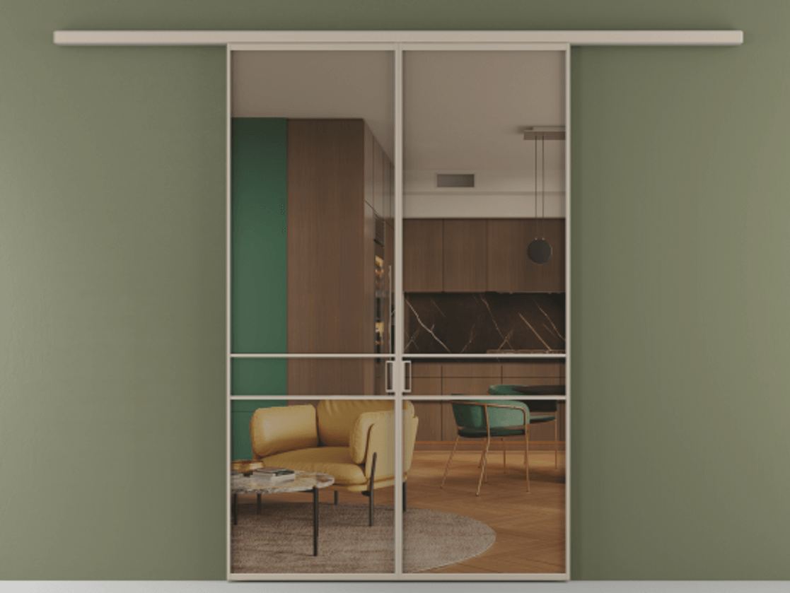 Перегородка Формато вдоль стены 2 створки АЛПР 040.02 Алюминий бисквитный Прозрачное бронзовое стекло, триплекс Цена 10450 Br | Volhovec