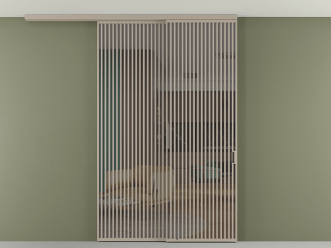 Перегородка Formato вдоль стены на потолок 2 створки с синхронным механизмом АЛПР 040.06 Алюминий бисквитный Прозрачное серое стекло, триплекс Цена 23070 Br | Volhovec