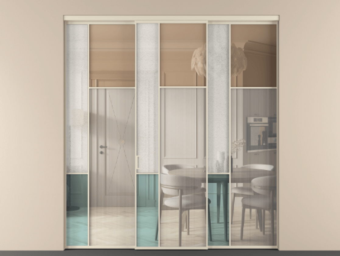 Перегородка Mosaic внутри проёма 3 створки АЛПР 041.11 Алюминий бежево-серый Комбинация стекол Группы 1 и Группы 3 Цена 19200 Br | Volhovec