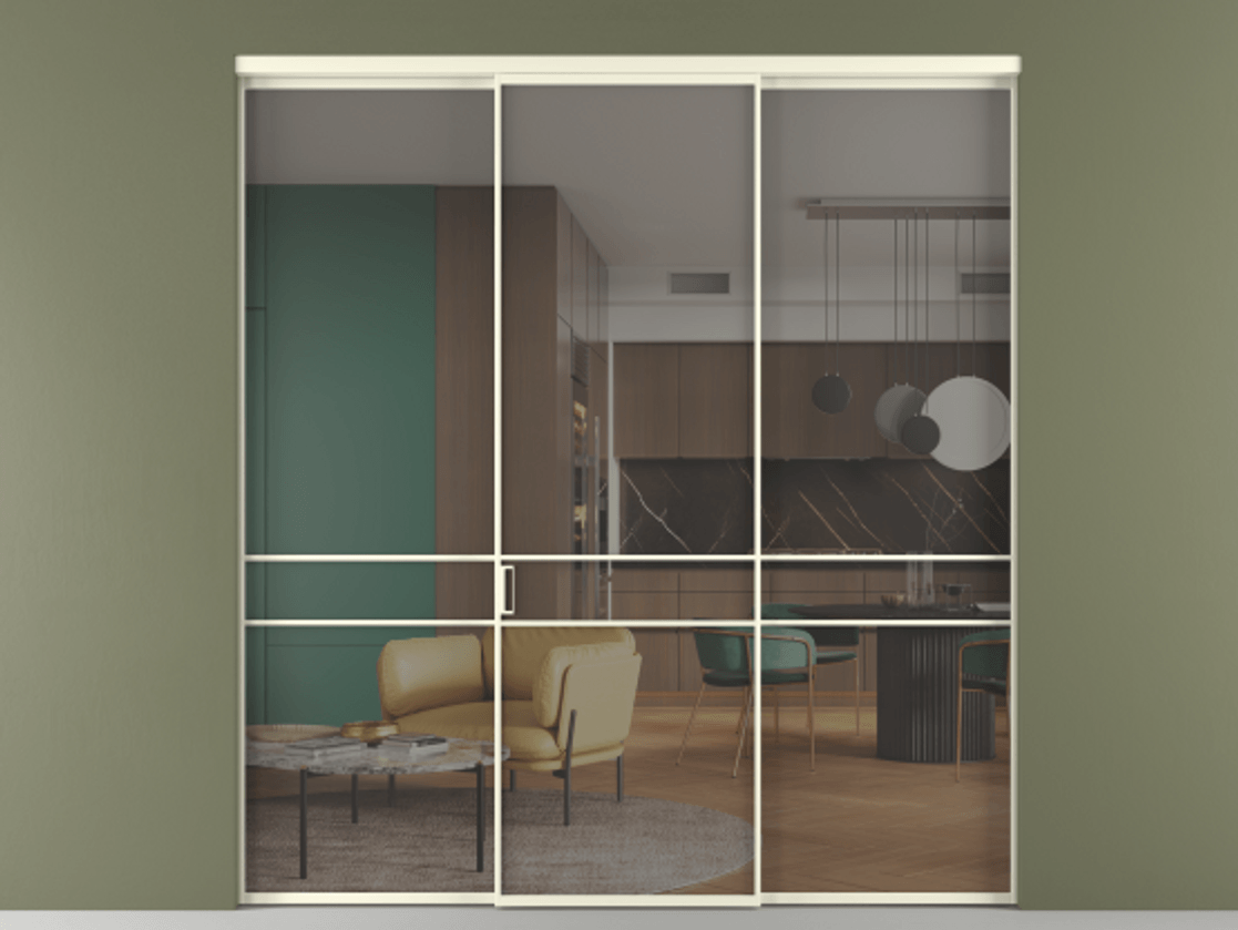 Перегородка Formato внутри проёма 3 створки АЛПР 040.02 Алюминий молочно-белый Прозрачное серое стекло, триплекс Цена 12690 Br | Volhovec