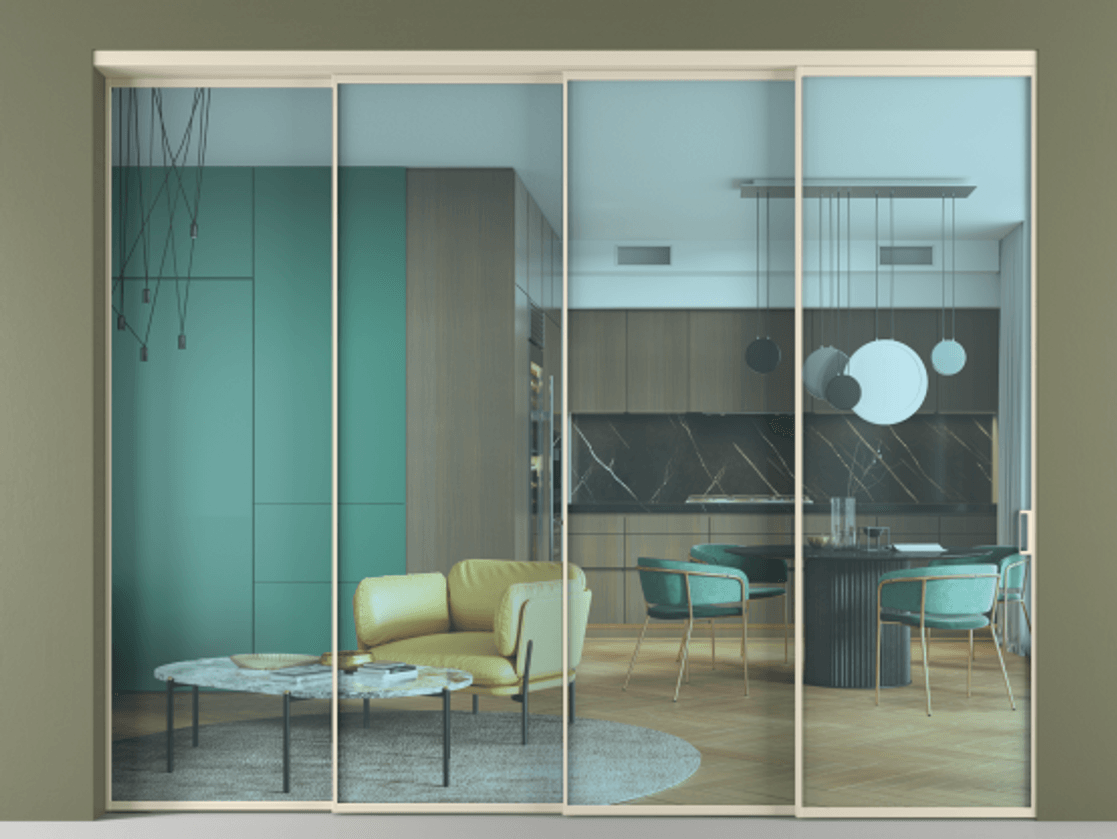 Перегородка Formato внутри проёма 4 створки с синхронным механизмом АЛПР 040.01 Алюминий бежево-серый Прозрачное голубое стекло, триплекс Цена 23900 Br | Volhovec