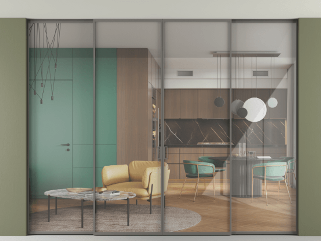 Перегородка Формато внутри проёма скрытое крепление в потолок 4 створки АЛПР 040.01 Алюминий классический серый Рефлективное прозрачное стекло "Стопсол", калёное. Цена 25740 Br 1. Полотно 4 шт. (800/2100 мм)
2. Комплект установки раздвижной системы
3. Базовый комплект фурнитуры
4.Ручка Рондо. Фабрика дверей Волховец 8 (800) 551 43 19 Перегородка Формато внутри проёма скрытое крепление в потолок 4 створки АЛПР 040.01 Алюминий классический серый Рефлективное прозрачное стекло "Стопсол", калёное Цена 25740 Br | Volhovec