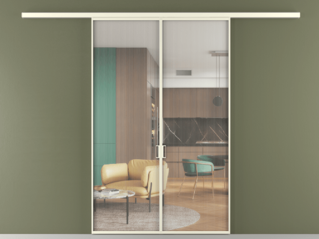 Перегородка Формато вдоль стены 2 створки АЛПР 040.01 Алюминий молочно-белый Рифлёное стекло "Мору", триплекс Цена 10660 Br | Volhovec