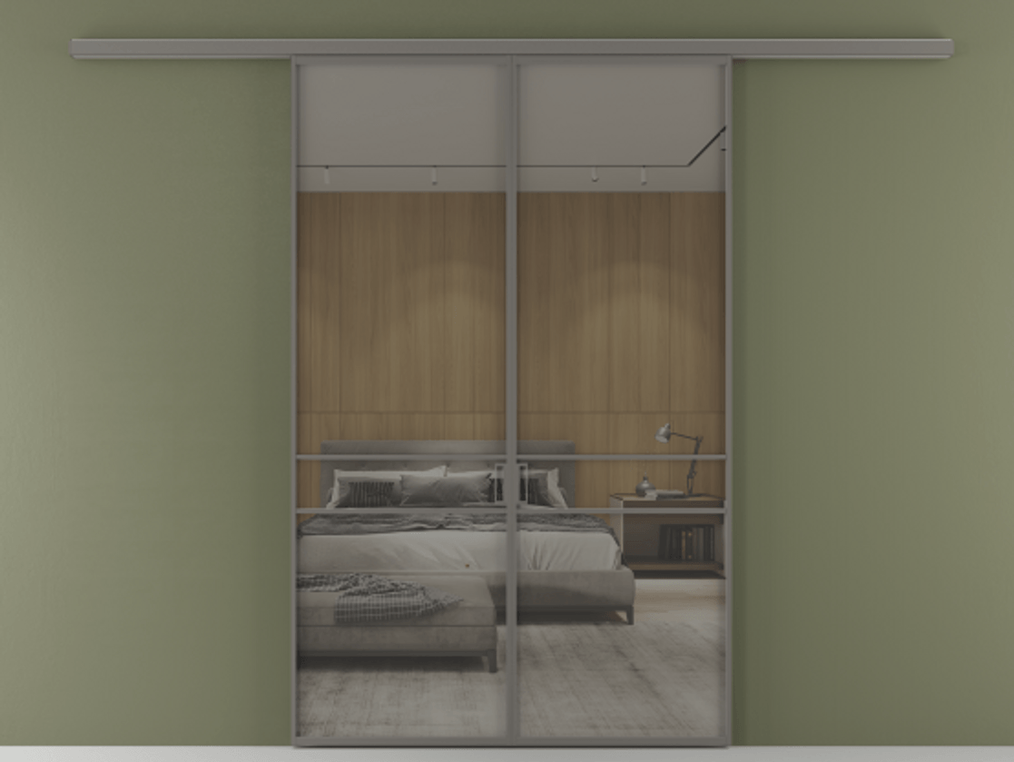 Перегородка Формато вдоль стены 2 створки АЛПР 040.02 Алюминий классический серый Рефлективное серое стекло "Стопсол", калёное Цена 13310 Br | Volhovec