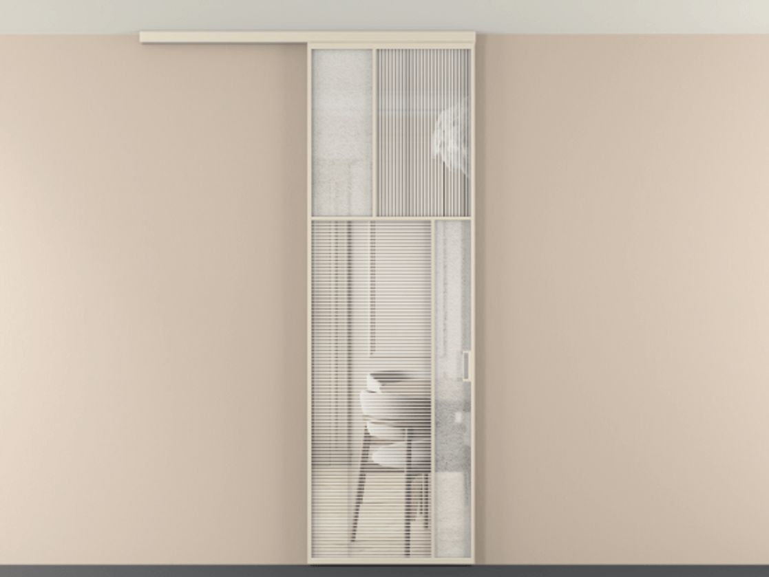 Перегородка Мозаик вдоль стены на потолок 1 створка АЛПР 041.23 Алюминий бежево-серый Рифлёное стекло "Дюна", триплекс, 6 мм + Фактурное стекло "Лёд", триплекс Цена 7650 Br | Volhovec