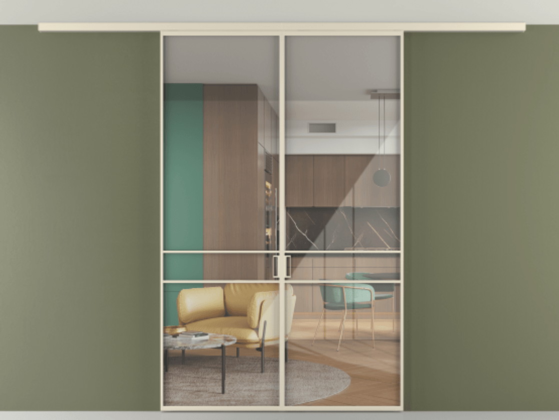 Перегородка Формато вдоль стены на потолок 2 створки АЛПР 040.02 Алюминий бежево-серый Рефлективное прозрачное стекло "Стопсол", калёное Цена 13040 Br | Volhovec