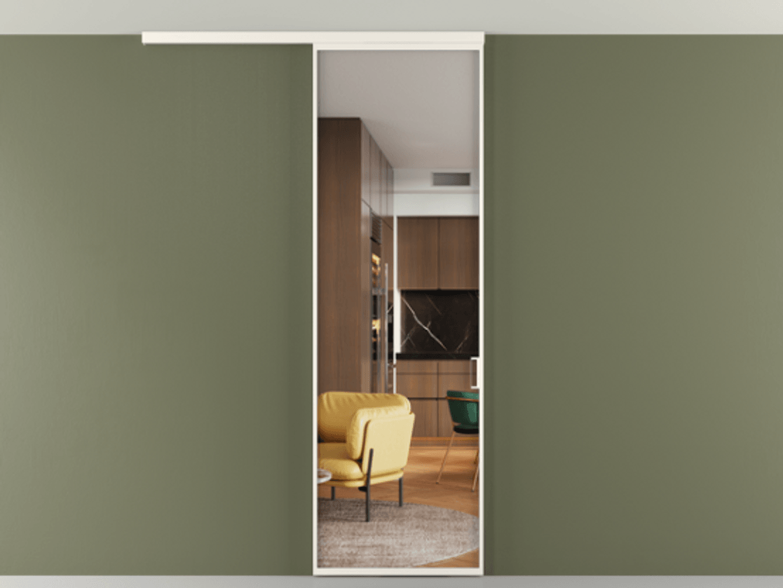 Перегородка Формато вдоль стены на потолок 1 створка АЛПР 040.01 Алюминий пудровый белый Прозрачное стекло "Кристал Вижн", калёное Цена 6390 Br | Volhovec