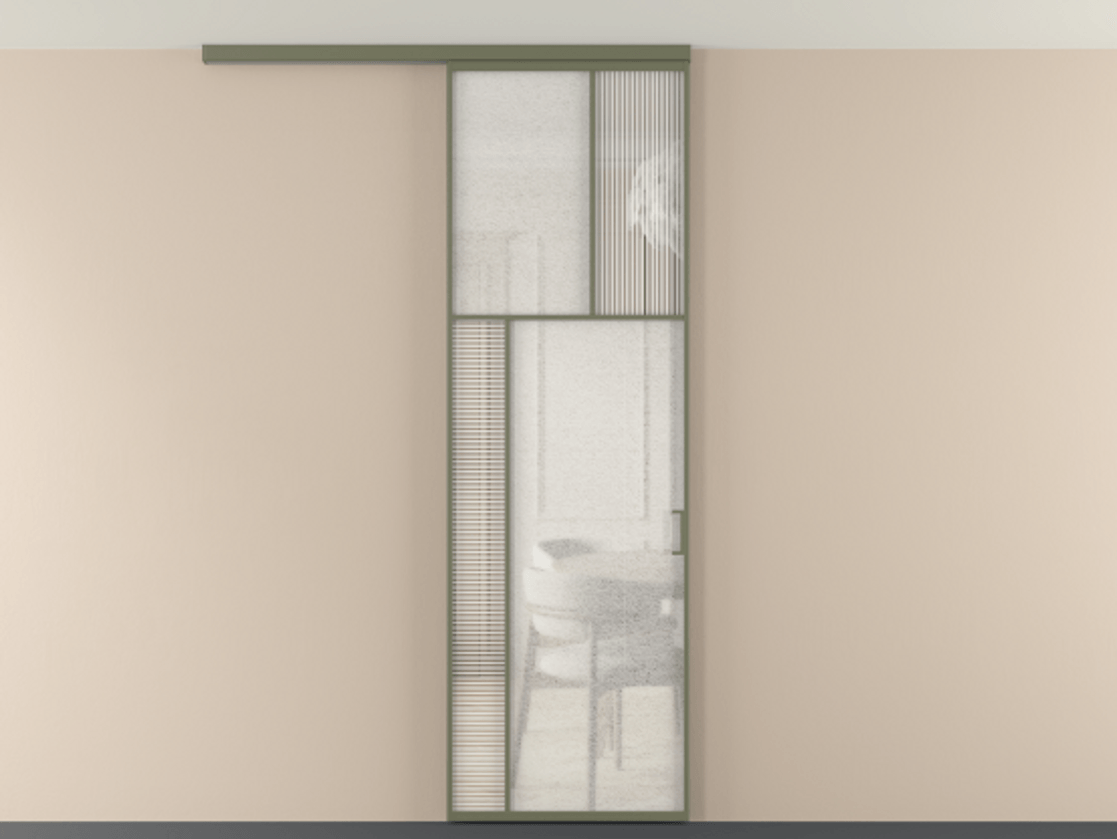 Перегородка Мозаик вдоль стены на потолок 1 створка АЛПР 041.22 Алюминий оливковый тёмный Рифлёное стекло "Дюна", триплекс, 6 мм + Фактурное стекло "Лёд", триплекс Цена 7650 Br | Volhovec