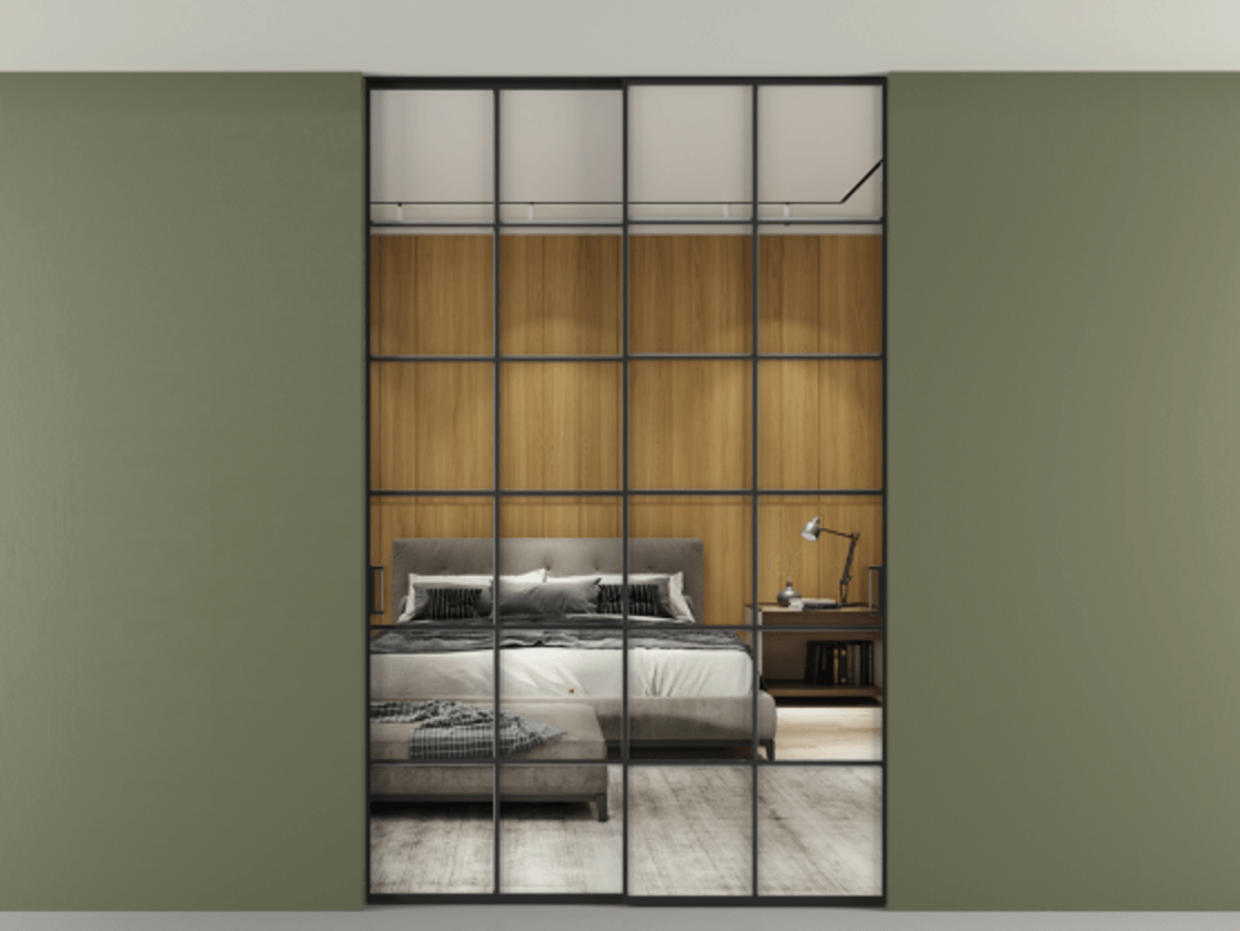 Перегородка Formato внутри проёма скрытое крепление в потолок 2 створки АЛПР 040.05 Алюминий Черный Двустороннее зеркало, триплекс , триплекс 6 мм Цена 14071 Br | Volhovec