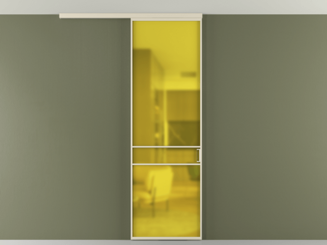 Перегородка Formato вдоль стены на потолок 1 створка АЛПР 040.02 Алюминий бежево-серый Сатинированное жёлтое стекло, триплекс Цена 5400 Br | Volhovec