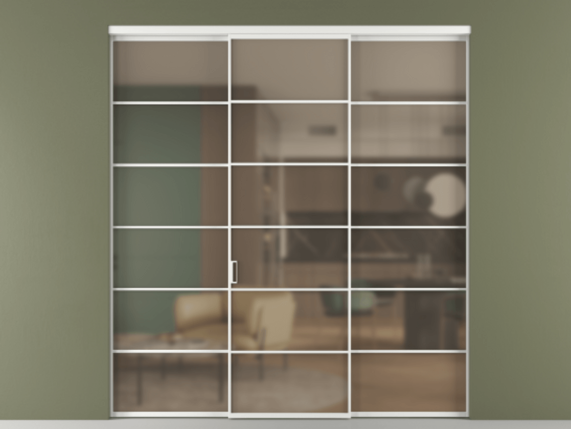 Перегородка Formato внутри проёма 3 створки АЛПР 040.04 Алюминий белоснежный Сатинированное бронзовое стекло, триплекс. Цена 14290 Br 1. Полотно 3 шт. (800/2100 мм)
2. Комплект установки раздвижной системы
3. Базовый комплект фурнитуры
4.Ручка RONDO. Фабрика дверей Волховец 8 (800) 551 43 19 Перегородка Formato внутри проёма 3 створки АЛПР 040.04 Алюминий белоснежный Сатинированное бронзовое стекло, триплекс Цена 14290 Br | Volhovec