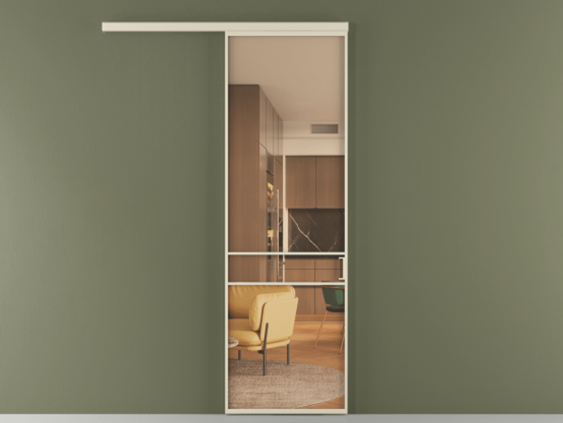 Межкомнатная дверь New Перегородка Formato вдоль стены одностворчатая АЛПР 040.02 Алюминий бежево-серый Прозрачное оранжевое стекло, триплекс Цена 6100.5847  | Volhovec