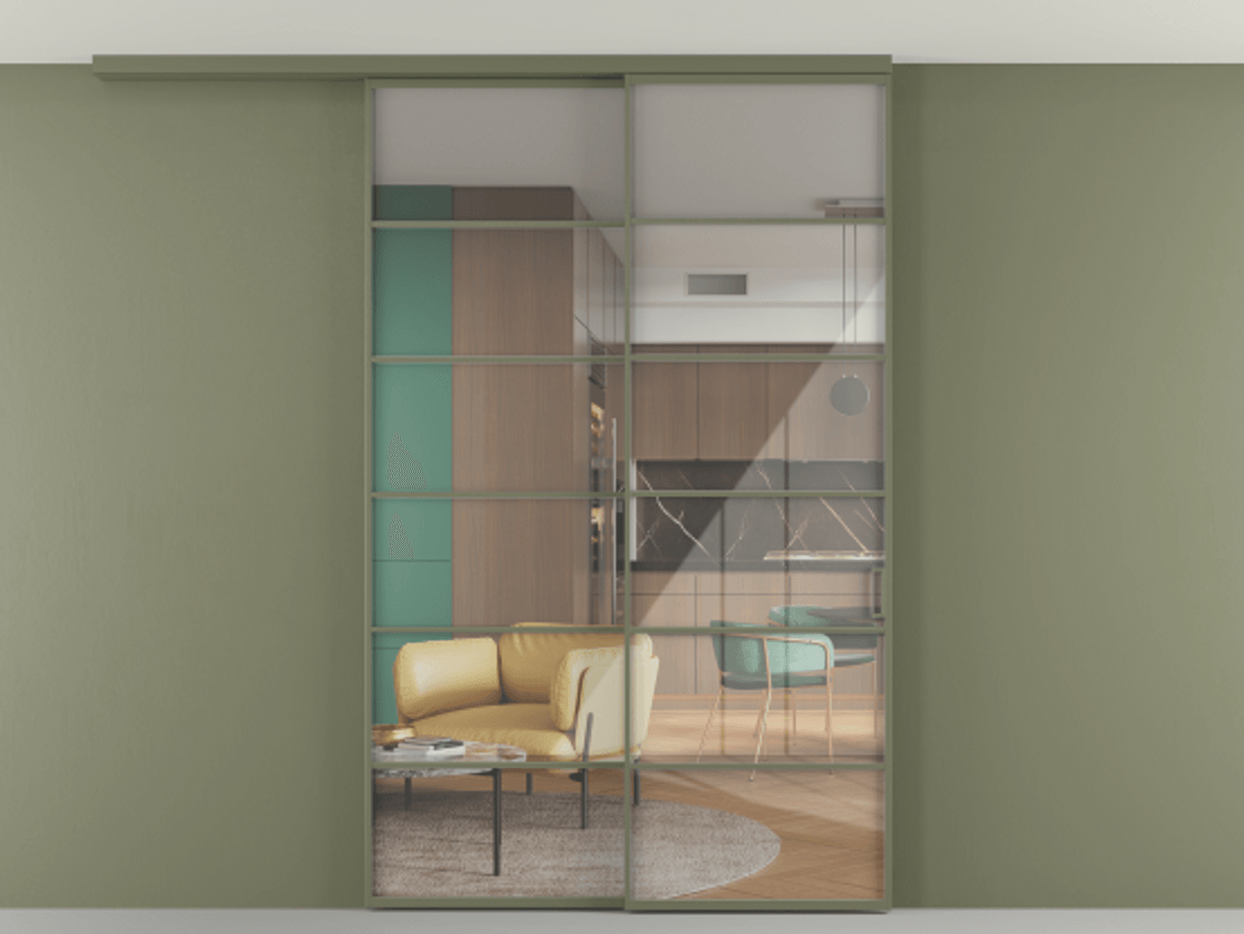 Перегородка Formato вдоль стены на потолок 2 створки с синхронным механизмом АЛПР 040.04 Алюминий оливковый тёмный Рефлективное прозрачное стекло "Стопсол", калёное Цена 18400 Br | Volhovec