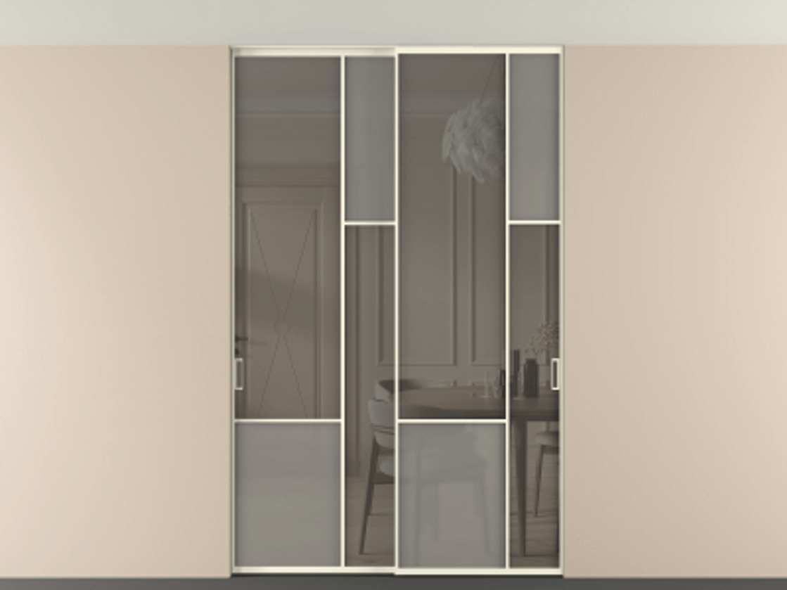 Перегородка Мозаик внутри проёма скрытое крепление в потолок 2 створки АЛПР 041.12 Алюминий молочно-белый Сатинированное серое стекло, триплекс, 6 мм + Прозрачное серое стекло, триплекс Цена 17350 Br | Volhovec