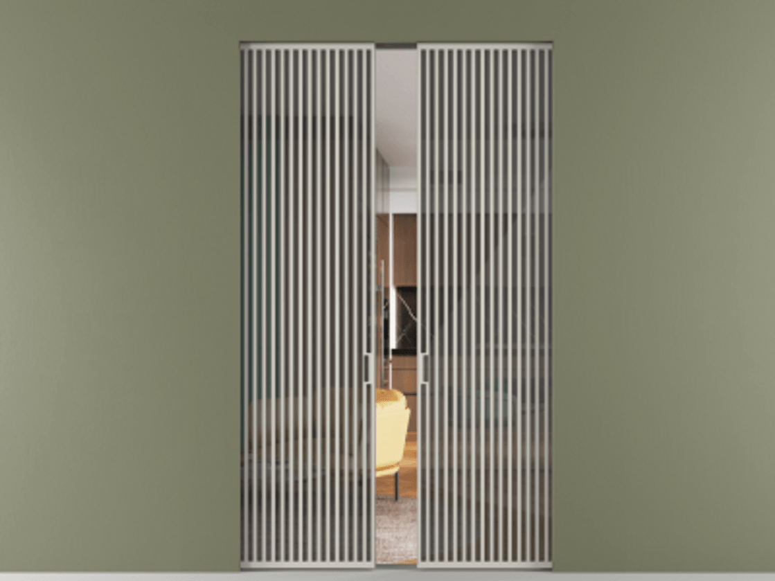 Перегородка Формато скрытый пенал 2 створки АЛПР 040.06 Алюминий тёплый серый Рефлективное серое стекло "Стопсол", калёное Цена 24300 Br | Volhovec