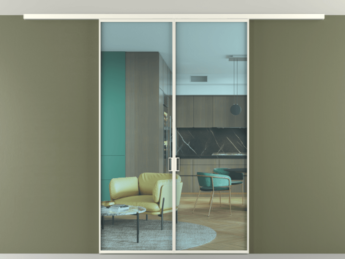 Перегородка Формато вдоль стены на потолок 2 створки АЛПР 040.01 Алюминий жемчужный Прозрачное голубое стекло, триплекс Цена 9500 Br | Volhovec