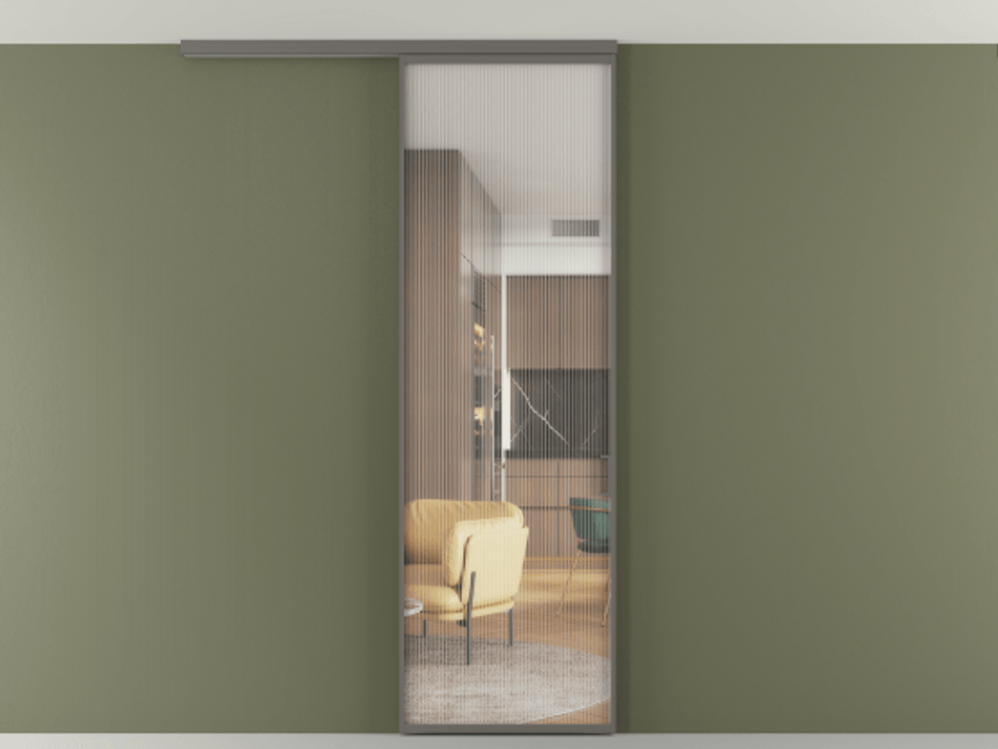 Перегородка Formato вдоль стены на потолок 1 створка АЛПР 040.01 Алюминий классический серый Рифлёное стекло "Moru", триплекс Цена 5260 Br | Volhovec