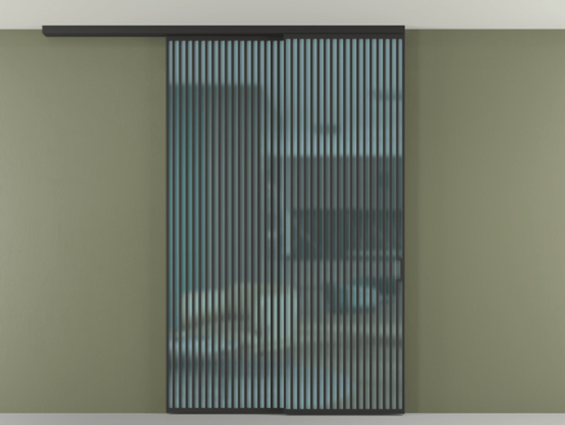 Перегородка Formato вдоль стены на потолок 2 створки с синхронным механизмом АЛПР 040.06 Алюминий Черный Сатинированное голубое стекло, триплекс Цена 22000 Br | Volhovec