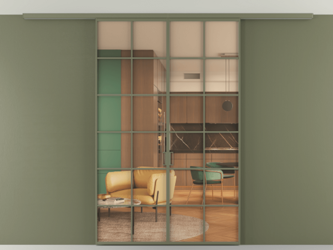 Перегородка Formato вдоль стены на потолок 2 створки АЛПР 040.05 Алюминий оливковый тёмный Прозрачное оранжевое стекло, триплекс Цена 11200 Br | Volhovec