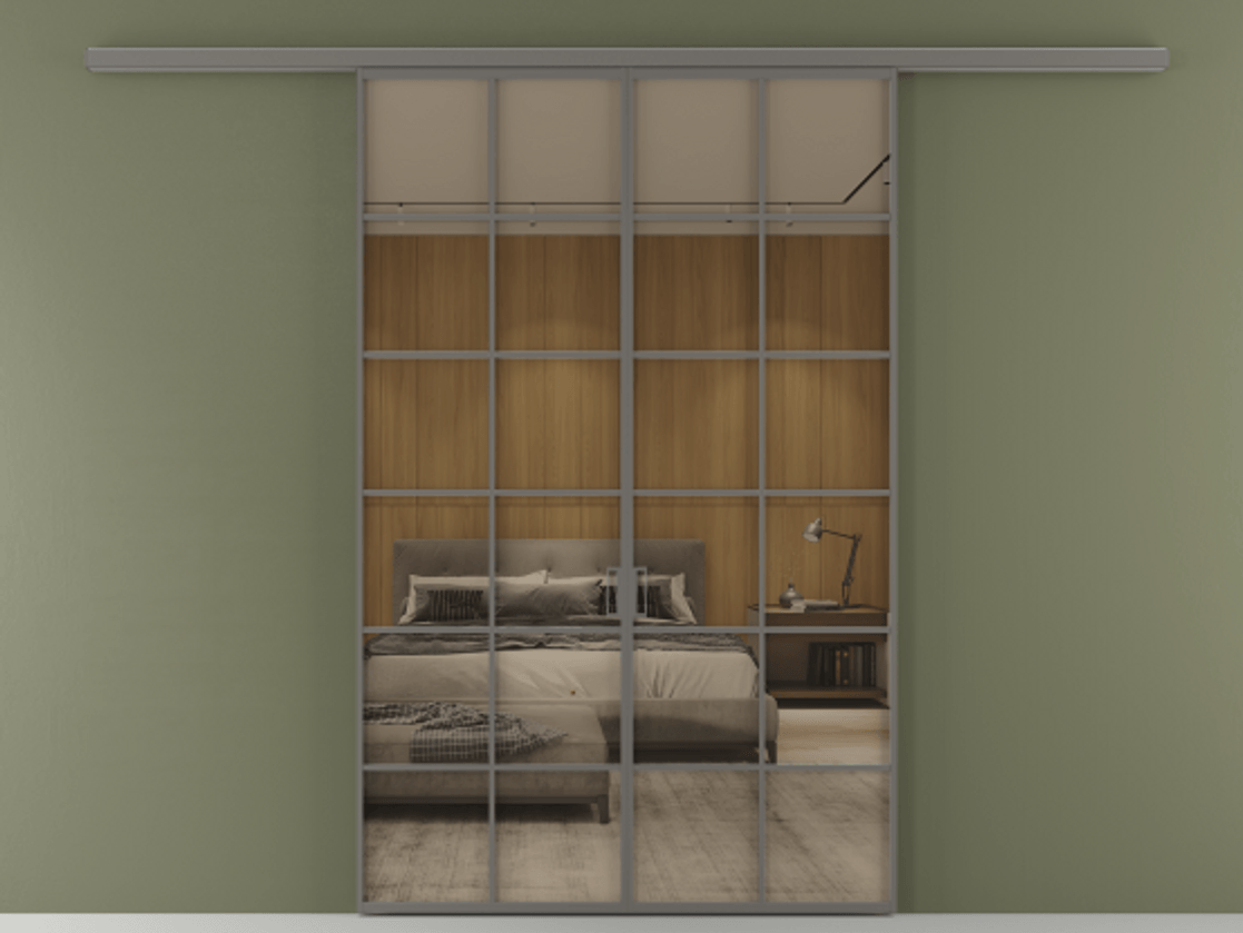 Перегородка Формато вдоль стены 2 створки АЛПР 040.05 Алюминий классический серый Рефлективное бронзовое стекло "Стопсол", калёное Цена 14150 Br | Volhovec