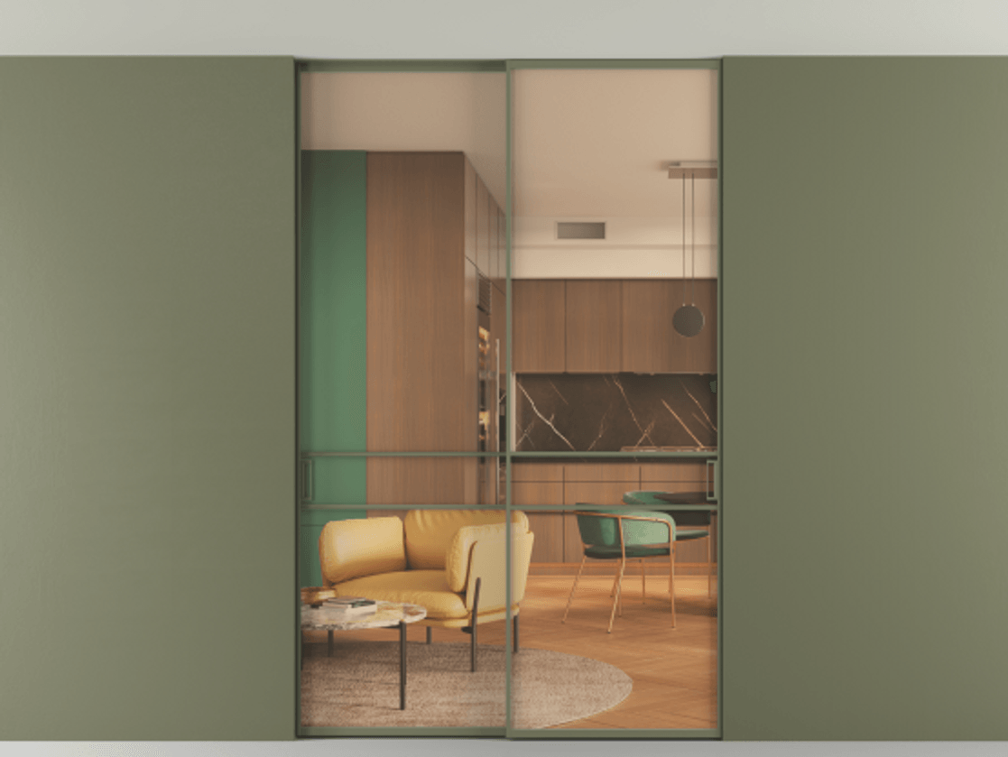 Перегородка Формато внутри проёма скрытое крепление в потолок 2 створки АЛПР 040.02 Алюминий оливковый тёмный Прозрачное оранжевое стекло, триплекс Цена 13300 Br | Volhovec