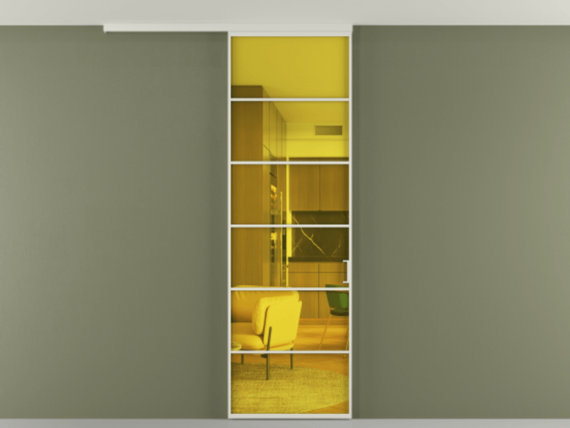 Перегородка Формато вдоль стены на потолок 1 створка АЛПР 040.04 Алюминий Белый Прозрачное жёлтое стекло, триплекс Цена 5300 Br | Volhovec