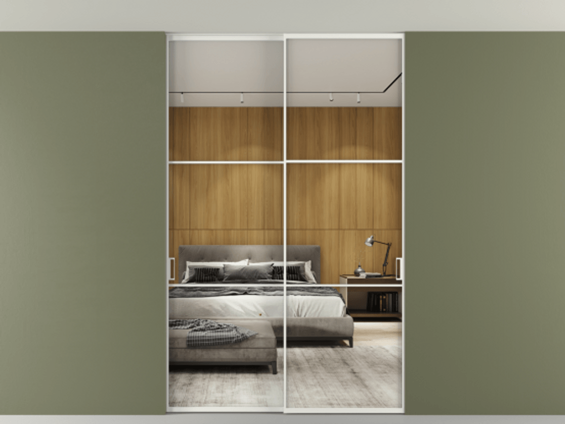 Перегородка Формато внутри проёма скрытое крепление в потолок 2 створки АЛПР 040.03 Алюминий светло-серый Двустороннее зеркало, триплекс , триплекс 6 мм Цена 14280 Br | Volhovec