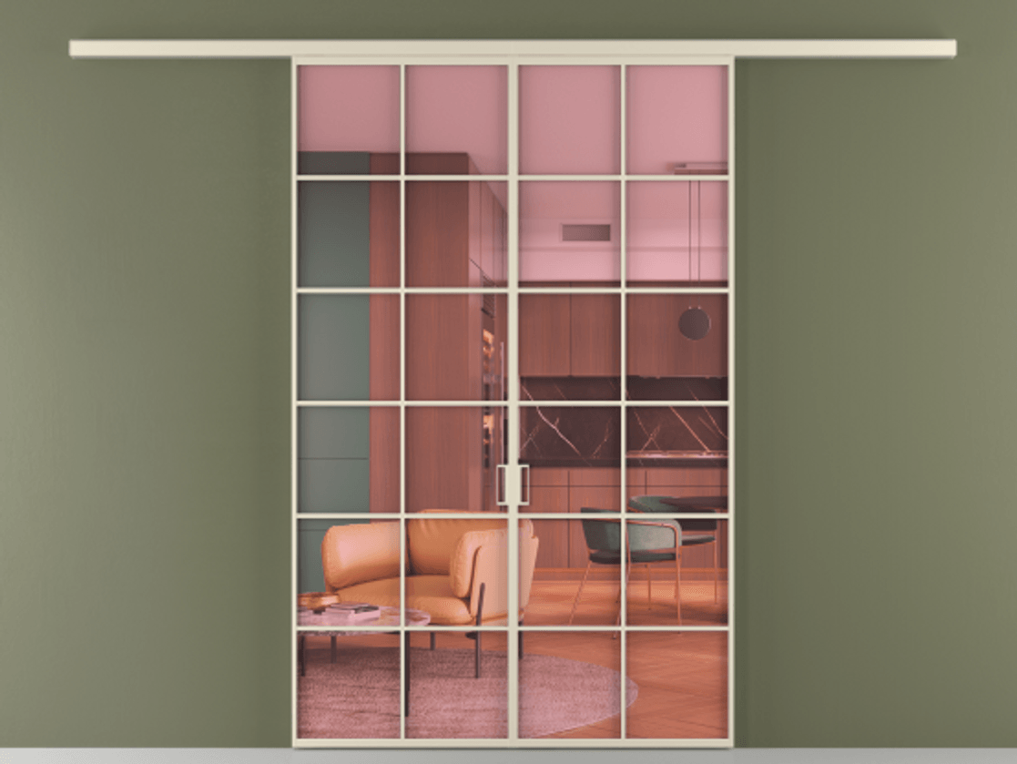 Перегородка Формато вдоль стены 2 створки АЛПР 040.05 Алюминий бежево-серый Прозрачное розовое стекло, триплекс Цена 11100 Br | Volhovec