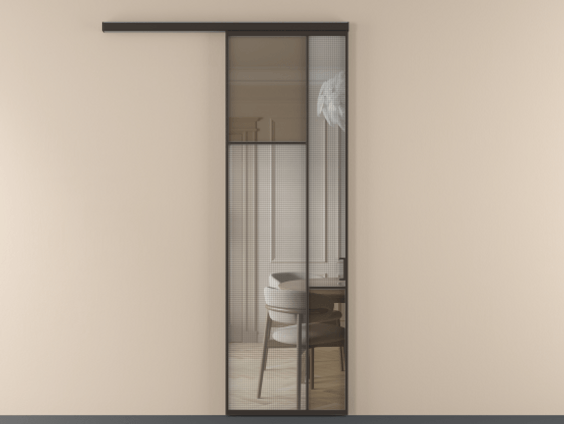 Перегородка Mosaic вдоль стены 1 створка АЛПР 041.10 Алюминий антрацит Декоративное стекло с сеткой "Mesh silver", триплекс, 6 мм + Прозрачное бронзовое стекло, триплекс Цена 7650 Br | Volhovec