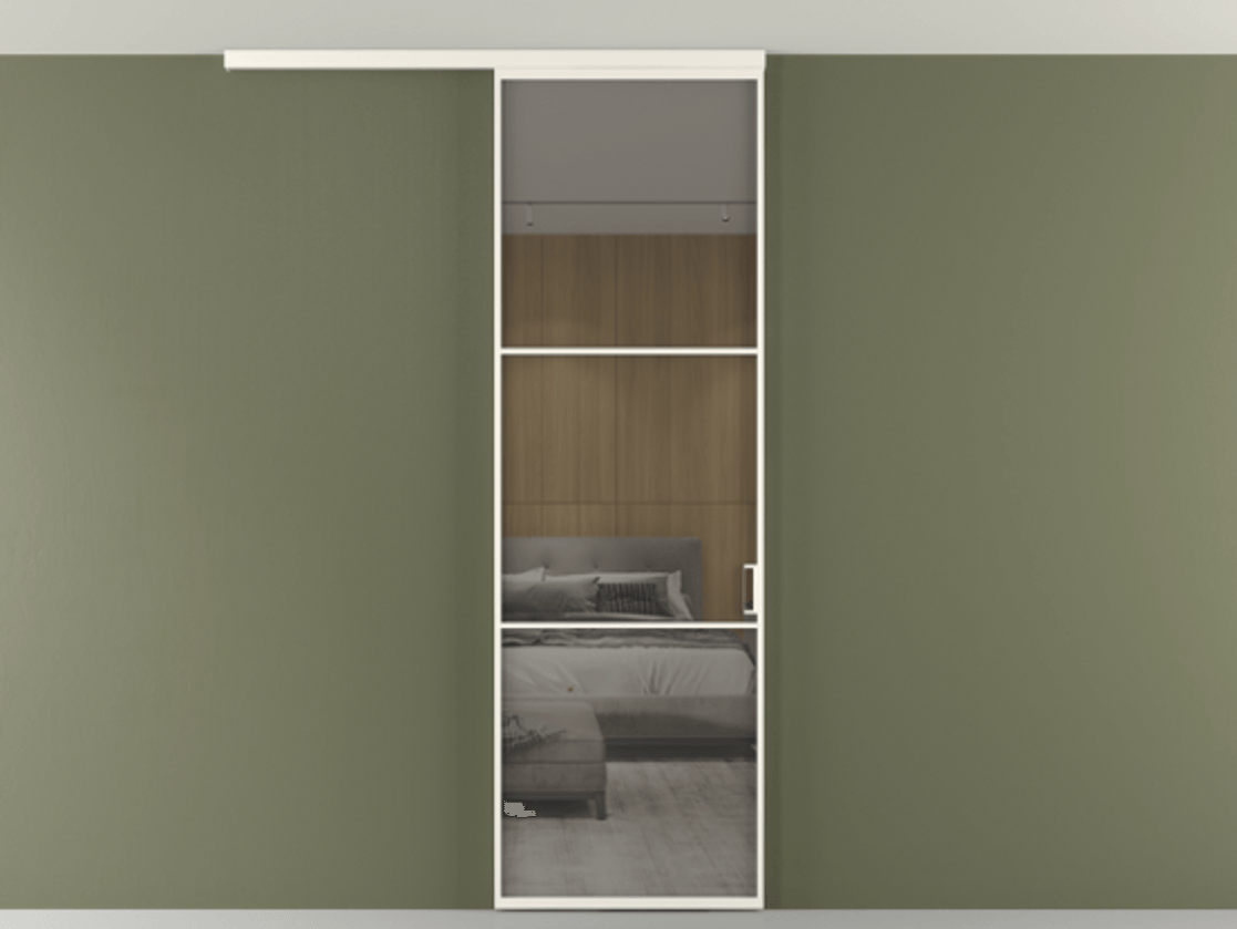 Перегородка Formato вдоль стены на потолок 1 створка АЛПР 040.03 Алюминий пудровый белый Рефлективное серое стекло "Stopsol", калёное Цена 6711 Br | Volhovec