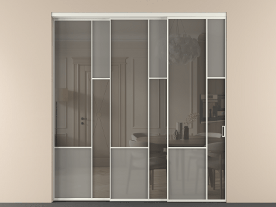 Перегородка Mosaic внутри проёма 3 створки с синхронным механизмом АЛПР 041.12 Алюминий серый Сатинированное серое стекло, триплекс, 6 мм + Прозрачное серое стекло, триплекс Цена 23390 Br | Volhovec