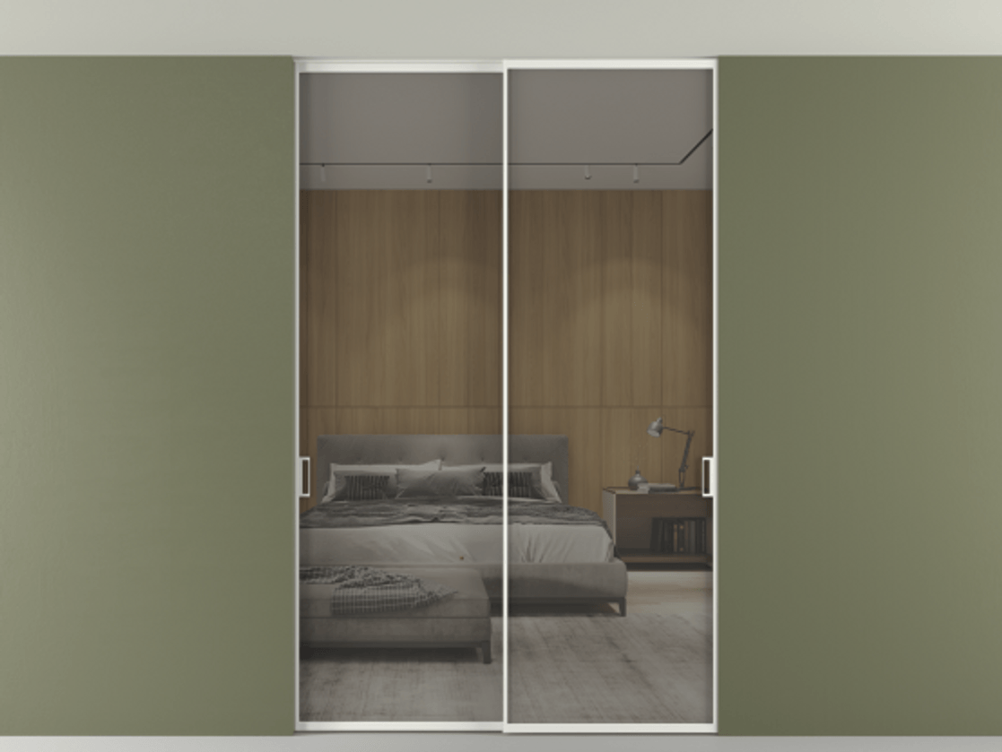 Перегородка Formato внутри проёма скрытое крепление в потолок 2 створки АЛПР 040.01 Алюминий светло-серый Рефлективное серое стекло "Stopsol", калёное Цена 15700 Br | Volhovec