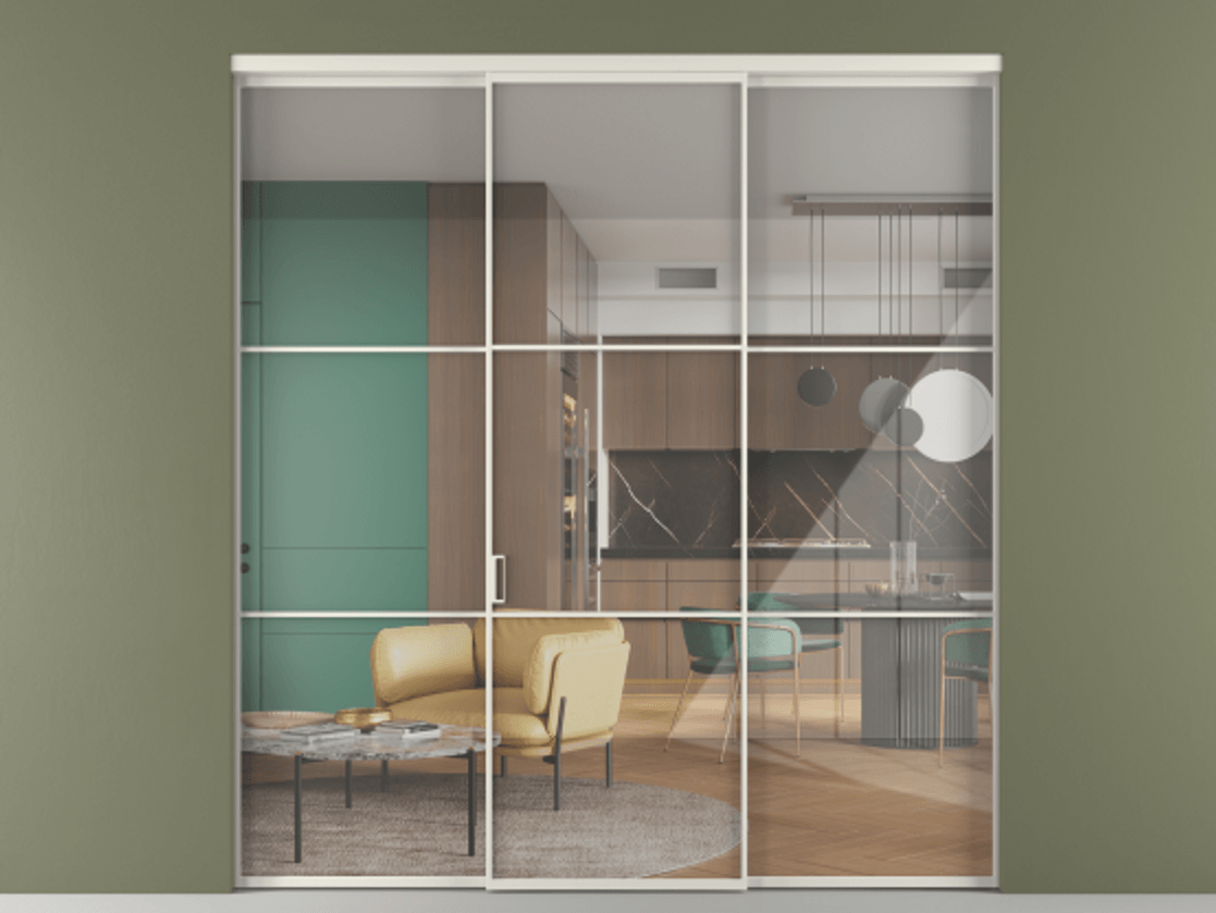 Перегородка Формато внутри проёма 3 створки АЛПР 040.03 Алюминий Белый Рефлективное прозрачное стекло "Стопсол", калёное Цена 16340 Br | Volhovec