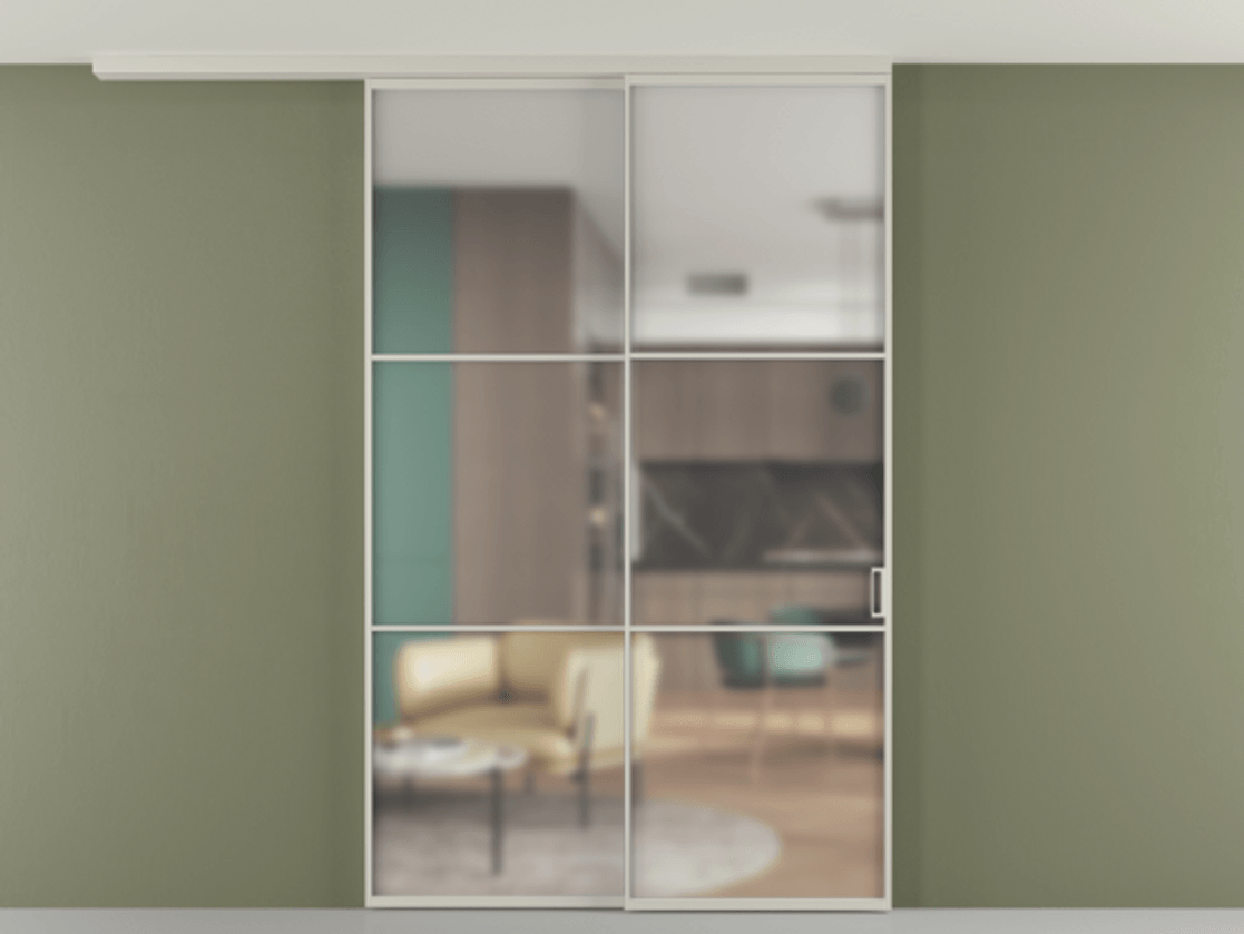 Перегородка Формато вдоль стены на потолок 2 створки с синхронным механизмом АЛПР 040.03 Алюминий тёплый серый Сатинированное стекло "Мателюкс Кристал Вижн", калёное, матовое, каленое 6 мм Цена 17480 Br | Volhovec