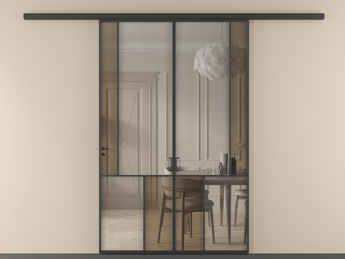 Перегородка Mosaic вдоль стены 2 створки АЛПР 041.21 Алюминий Черный Декоративное стекло с сеткой "Mesh silver", триплекс, 6 мм + Прозрачное бронзовое стекло, триплекс. Скрытый короб ЧЕР Цена 14230 Br . Фабрика дверей Волховец 8 (800) 551 43 19 Перегородка Mosaic вдоль стены 2 створки АЛПР 041.21 Алюминий Черный Декоративное стекло с сеткой "Mesh silver", триплекс, 6 мм + Прозрачное бронзовое стекло, триплекс Цена 14230 Br | Volhovec